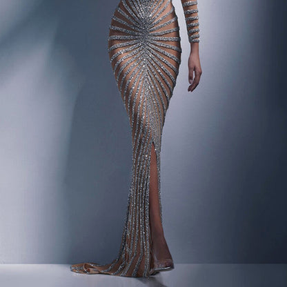 2025 New spring new 2025 fashion hot diamond women's clothing mesh evening dress long-sleeved split-ended long dress dress