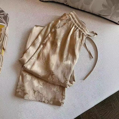 2025 New Chinese retro jacquard imitation acetic acid satin straight casual pants women's spring popular national style high waist drape wide leg pants