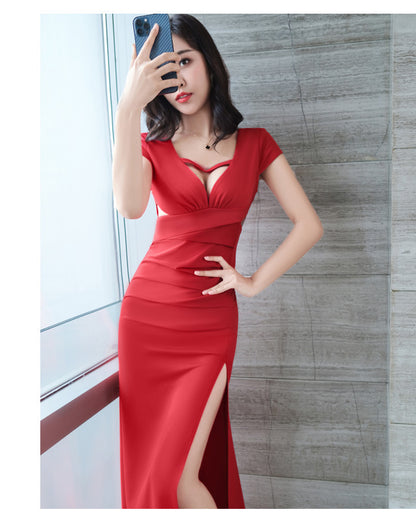 Long Evening Dress Sexy Slimming and Skinny Deep V Split Car Model Dress Hotel Nightclub Foot Bath Technician's Clothing 5315