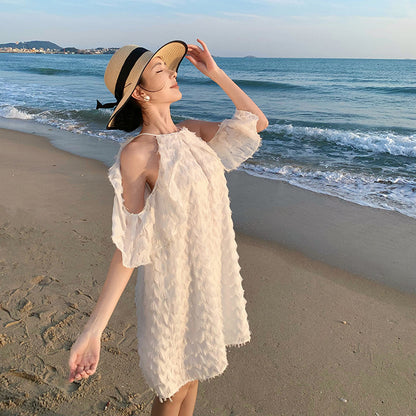 2025 Shoulder skipping fishing dating dress women's summer neck off the shoulder white chiffon short skirt small seaside vacation style