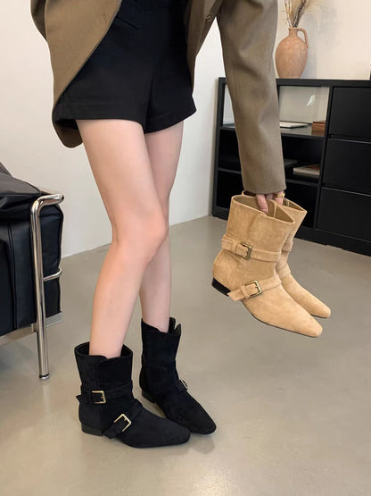 2025 Niche design pointed short boots women's thick heel belt buckle suede Chelsea boots slim Martin boots