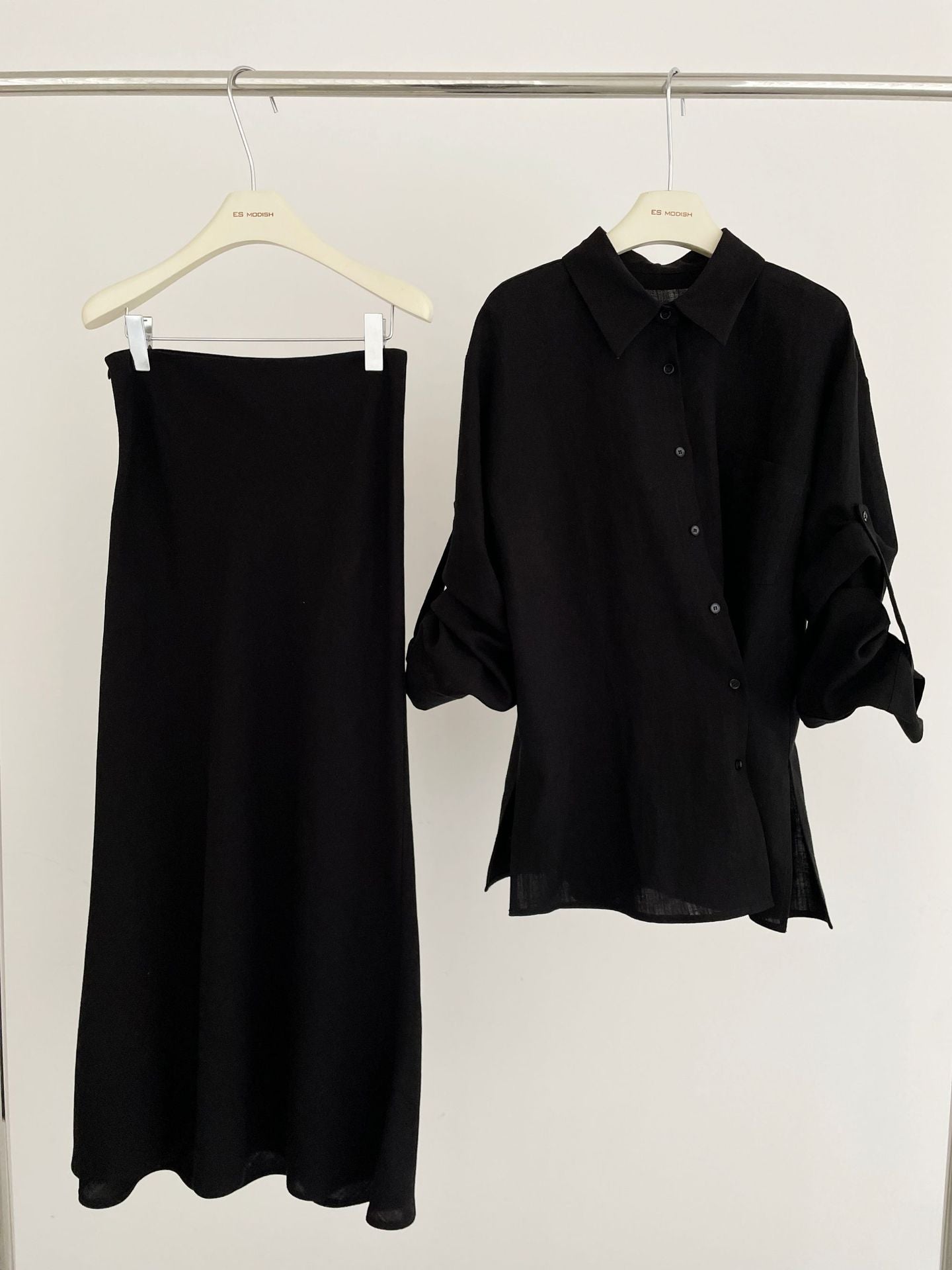 2025 ES MODISH spring new product design side buckle sleeve casual shirt + versatile fishtail skirt set
