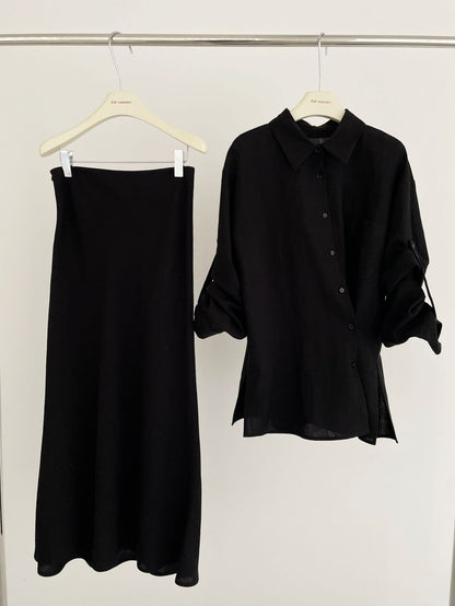 2025 ES MODISH spring new product design side buckle sleeve casual shirt + versatile fishtail skirt set