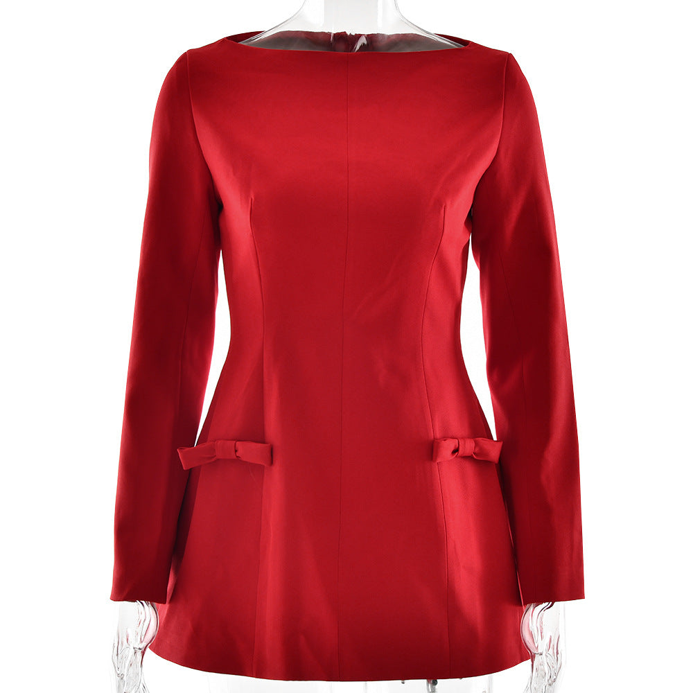 2025 New women's clothing popular autumn and winter new sexy elegant boat collar long-sleeved A-shaped skirt bow dress