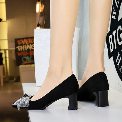 2025 5297-H65 sequined bow square head light mouth  style medium heel single shoes suede thick heel professional commuter women's shoes