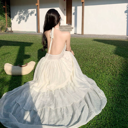 2025 Seaside vacation atmosphere dress women's pleated deep V neck long dress pure desire wind sexy big backless lace dress