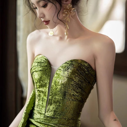 2025 Green tube top morning gown fishtail sequined toast bride wedding engagement sexy halter evening dress birthday party