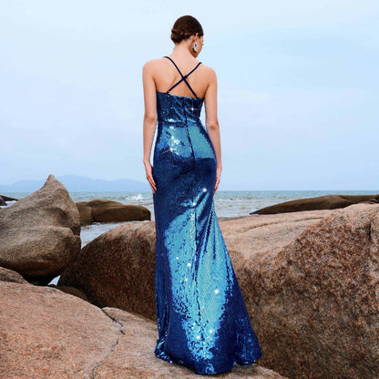 2025 sleeveless temperament suspender V-neck sexy long banquet sequined split evening dress bridesmaid dress