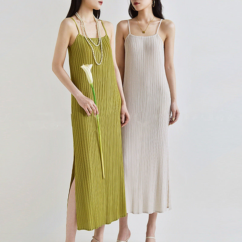 2025 suspender skirt design pleated dress women's summer new elegant temperament split-ended long dress
