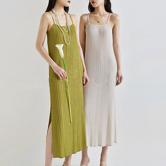 2025 suspender skirt design pleated dress women's summer new elegant temperament split-ended long dress
