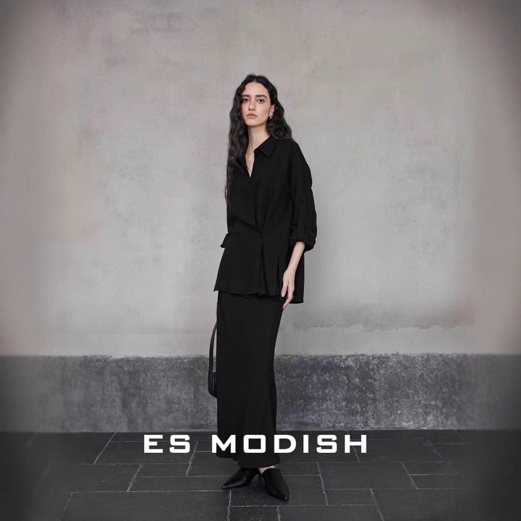 2025 ES MODISH spring new product design side buckle sleeve casual shirt + versatile fishtail skirt set