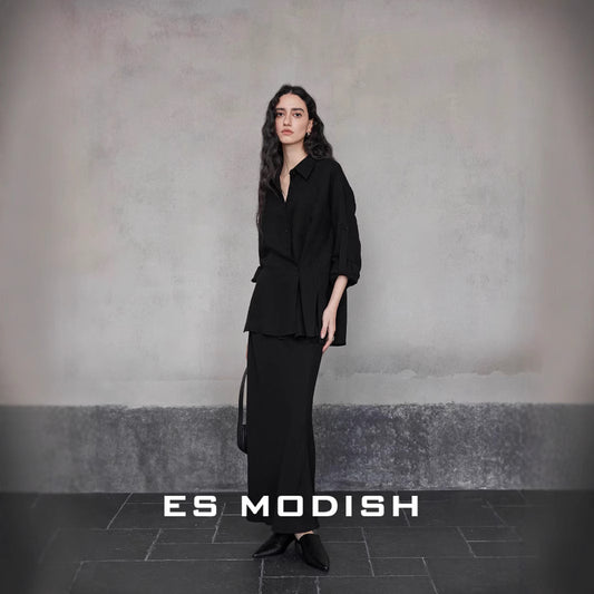 2025 ES MODISH spring new product design side buckle sleeve casual shirt + versatile fishtail skirt set