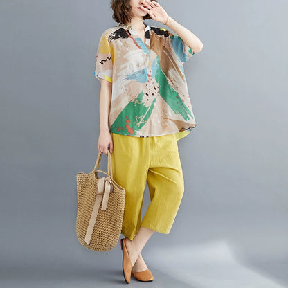 Age-reducing and thin suit, fashionable summer clothing, large-size women's clothing, loose-printed top, cotton and linen casual Harlan pants, two-piece set