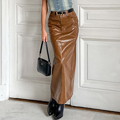 XAKXX 2025Autumn and winter new retro brown high-waisted skirt temperament hip-wrapped pu leather skirt women's popular fashion versatile 2025