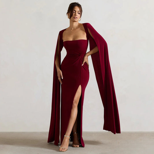 2025 New  popular new dress square collar mopping floor long sleeve high split end solid color sexy dress