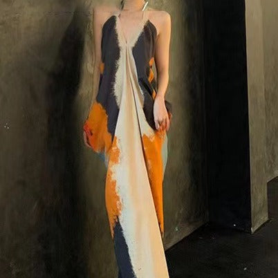 2025 24 spring and summer, oil painting rock color rendering lanyard dress, beautiful romantic classical fairy