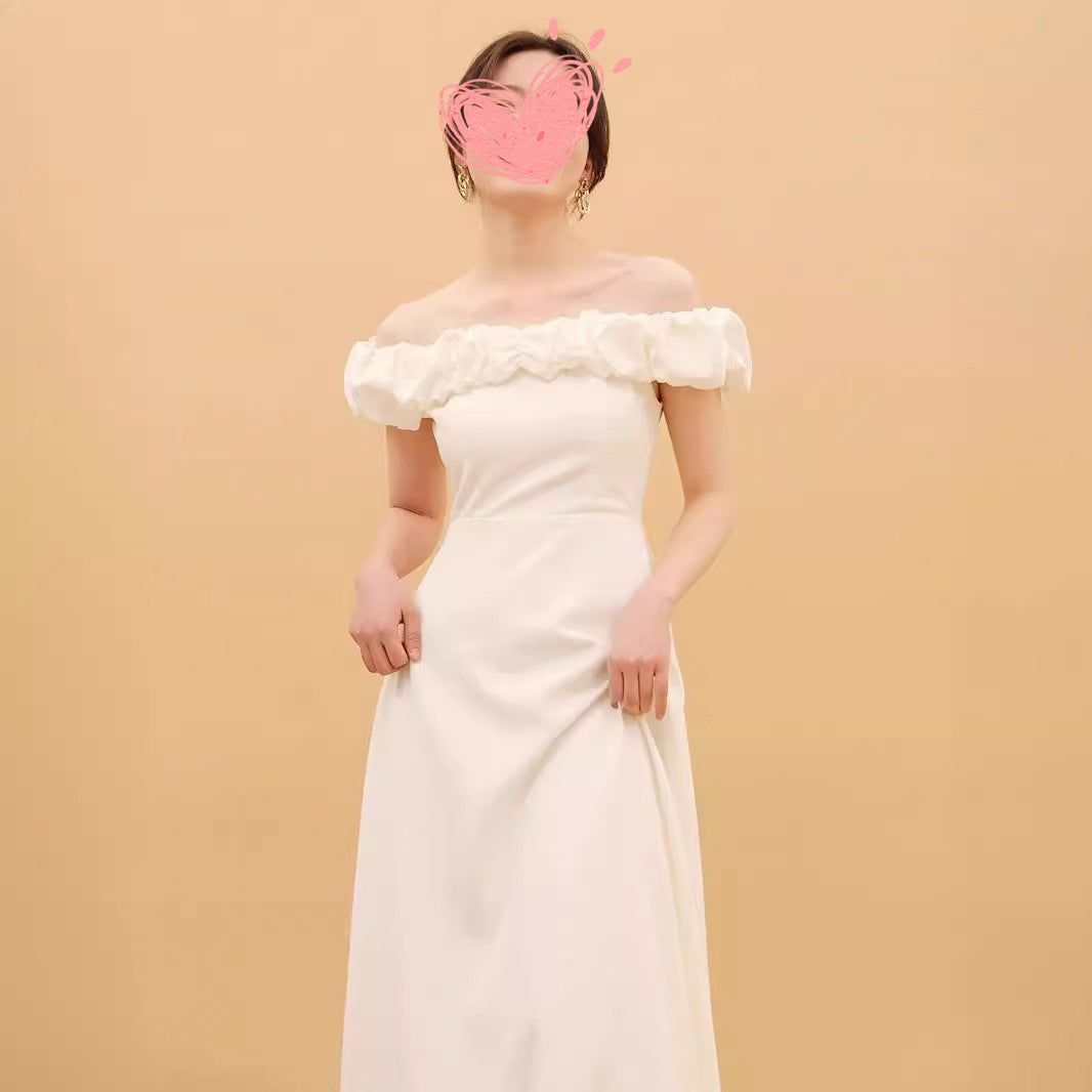 2025 spring white dress skirt pleated off-the-shoulder one-word collar elastic slim and thin two-length dress