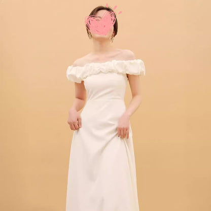 2025 spring white dress skirt pleated off-the-shoulder one-word collar elastic slim and thin two-length dress