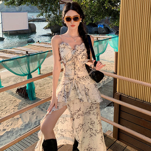 2025 Island dopamine beautiful vacation atmosphere pure desire Spice girl floral tube top irregular suspender elegant dress