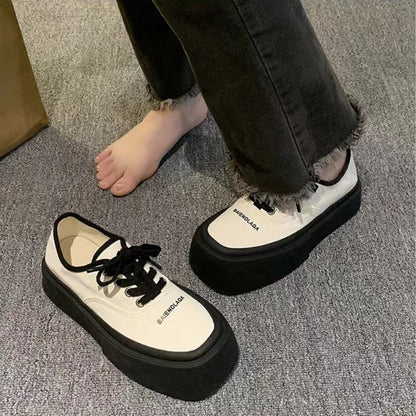 xakxx Popular Internet Celebrity Niche Square Toe Sneakers Women's Summer  New Platform Platform White Match Height Increasing Canvas White Shoes
