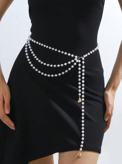 3313 women's 2025 waistchain alloy peach heart pendant pendulum chain pearl chain wavy fringed waist chain waist jewelry
