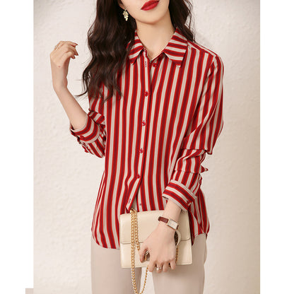 2025 Striped Heavy Silk Shirt Women's  Spring New Short Top Red Ladies, Mulberry Silk Shirt