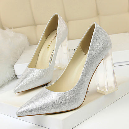 2025 2993-1 Korean version of fashion transparent crystal heel high heel satin light mouth pointed sexy high heels wedding shoes women's single shoes
