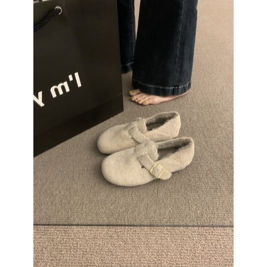 2025 Birkenstock shoes women's autumn and winter velvet popular new Korean version  retro flat-bottomed one-pedal thermal cotton shoes
