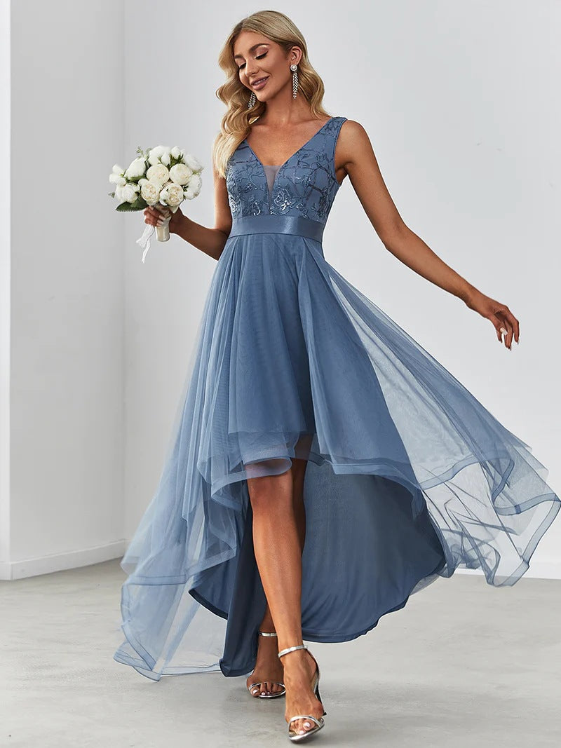 2025 2025 new  evening dress autumn new front short after long performance host birthday catwalk model dress