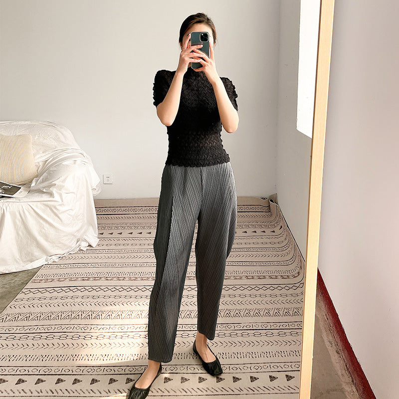 2025 pants dad pants women's pleated Harlan pants summer new loose grandma pants casual high-waisted nine-point pants look thin