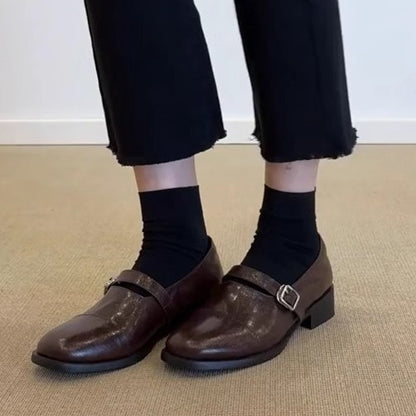 2025 Spot cowhide version~ retro minimalist style round head small leather shoes women's belt buckle Mary Jane single shoes thick heel loafers