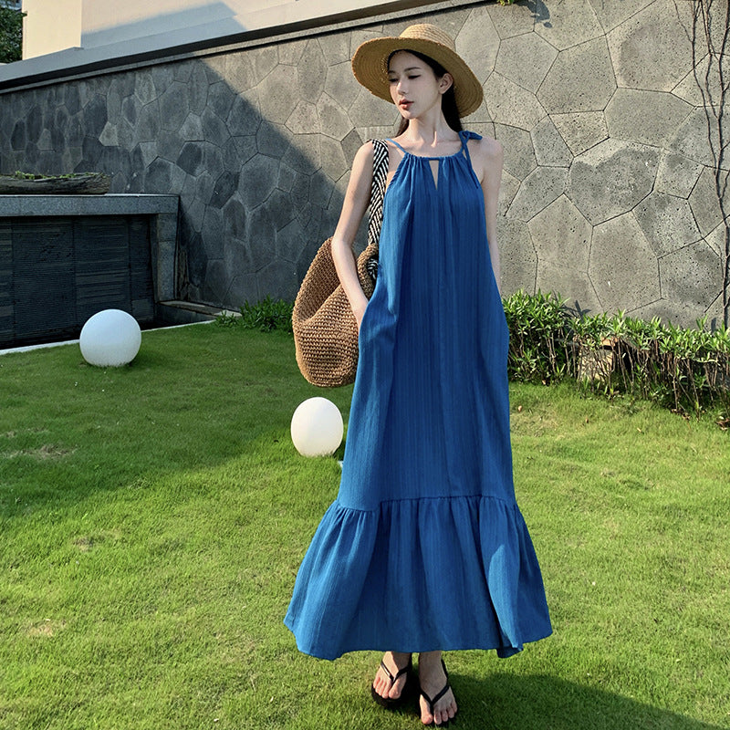 2025 Summer beach retro elegant  white neck dress travel vacation style fashion design sense long dress women