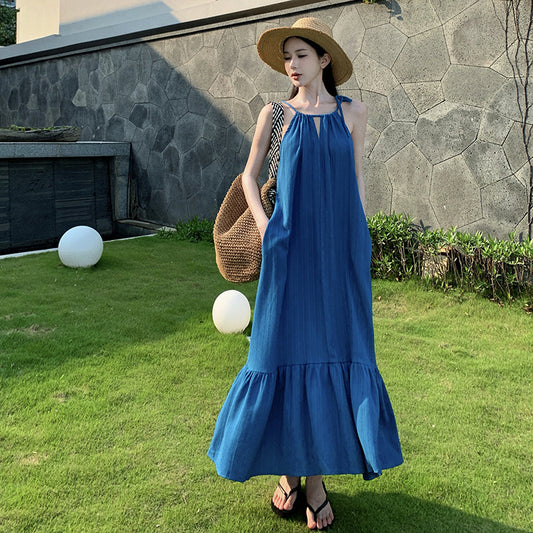 2025 Summer beach retro elegant  white neck dress travel vacation style fashion design sense long dress women