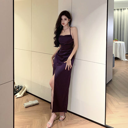 2025 Purple evening dress women's high-end banquet dress toast dress annual meeting sexy backless strap suspender dress