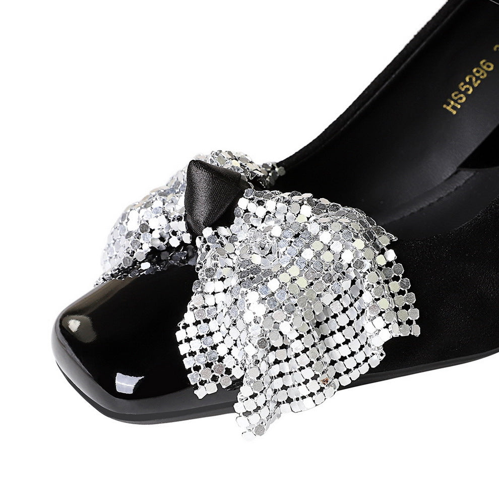 2025 5297-H65 sequined bow square head light mouth  style medium heel single shoes suede thick heel professional commuter women's shoes