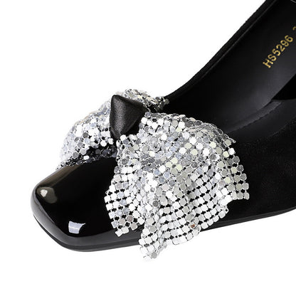 2025 5297-H65 sequined bow square head light mouth  style medium heel single shoes suede thick heel professional commuter women's shoes