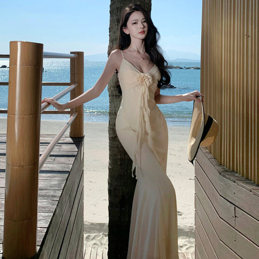 2025 Beautiful Royal Sister  Suspender Dress Women's Summer Sexy Flowers Seaside Vacation Fishtail Hip Bag Dress