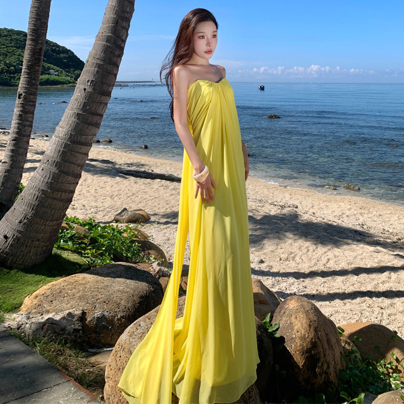 2025 Evening dress elegant temperament long dress new elegant chiffon annual meeting birthday tube top dress banquet bridesmaid skirt