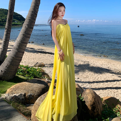 2025 Evening dress elegant temperament long dress new elegant chiffon annual meeting birthday tube top dress banquet bridesmaid skirt