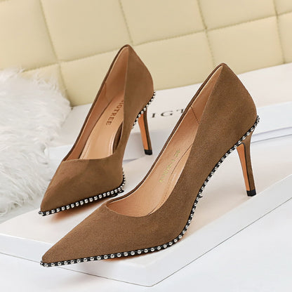 2025 1829-A5  retro women's shoes thin heel high heel suede light mouth pointed metal beads nightclub sexy single shoes