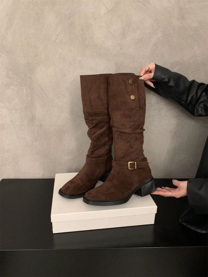 2025 Maillard metal buckle lapel two wear thick heel stack boots new suede round head knight boots in autumn and winter popular