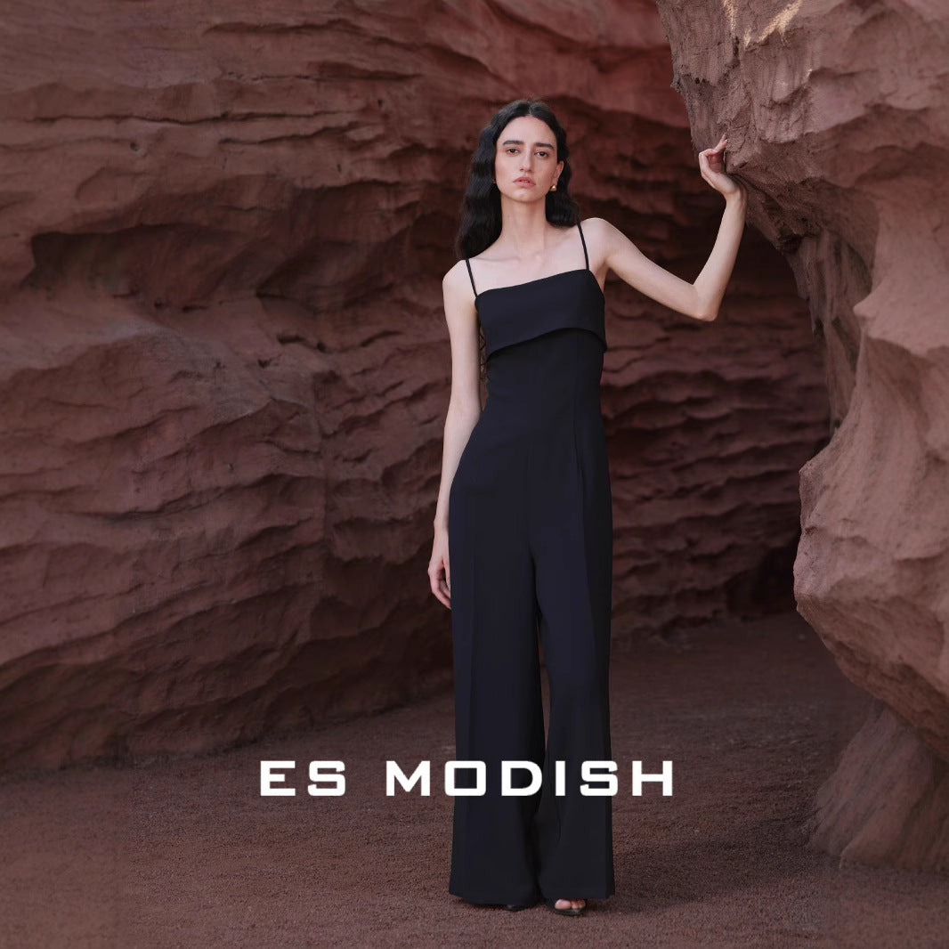 2025 ES MODISH Spring New  Retro Suspender High Waist Jumpsuit Design Sense Black Commuter Pants Women