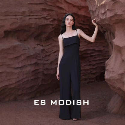 2025 ES MODISH Spring New  Retro Suspender High Waist Jumpsuit Design Sense Black Commuter Pants Women