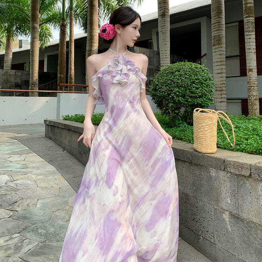 2025 Seaside vacation niche design sense photo purple floral neck beach skirt smudged tie-dye big pendulum fishtail long skirt