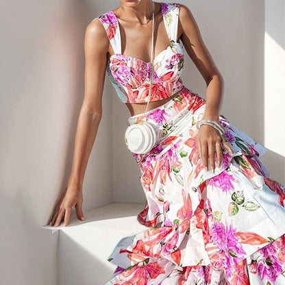 2025 2025 women's clothing 2025 Chinese New Year temperament printed vacation style casual suspender top skirt two-piece set