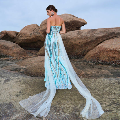 2025 temperament chest-wrapping collar sexy long sequined banquet streamer evening dress bridesmaid dress dress