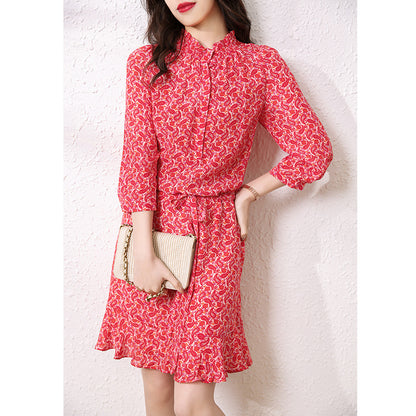 2025 Floral silk dress  summer new  Platycodon medium and long women's clothing, red mulberry silk skirt