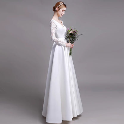 2025 Spring long-sleeved wedding dress light luxury new simple lace flush satin wedding dress white out light yarn welcome dress women