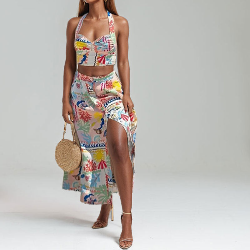 2025 2025 spring new 2025 women's clothing temperament elegant printing suspender vest skirt two-piece fashion suit