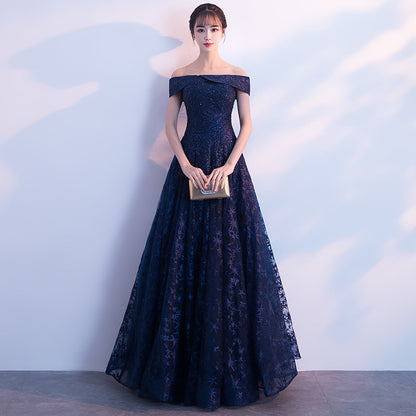2025 One-word shoulder evening dress popular autumn new elegant aura queen fairy dream long banquet dress dress dress girl
